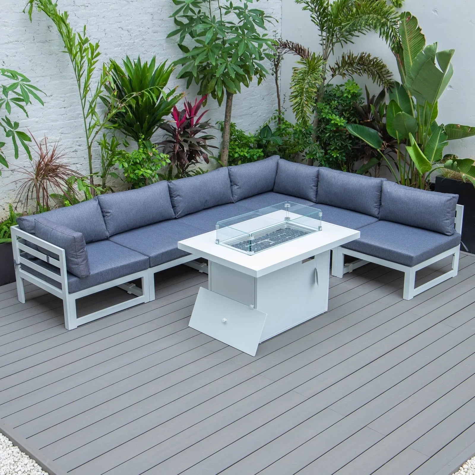 Chelsea 7-Piece Patio Sectional And Fire Pit Table In White Aluminum With Cushions - Elax Furniture