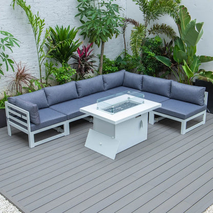 Chelsea 7-Piece Patio Sectional And Fire Pit Table In White Aluminum With Cushions - Elax Furniture