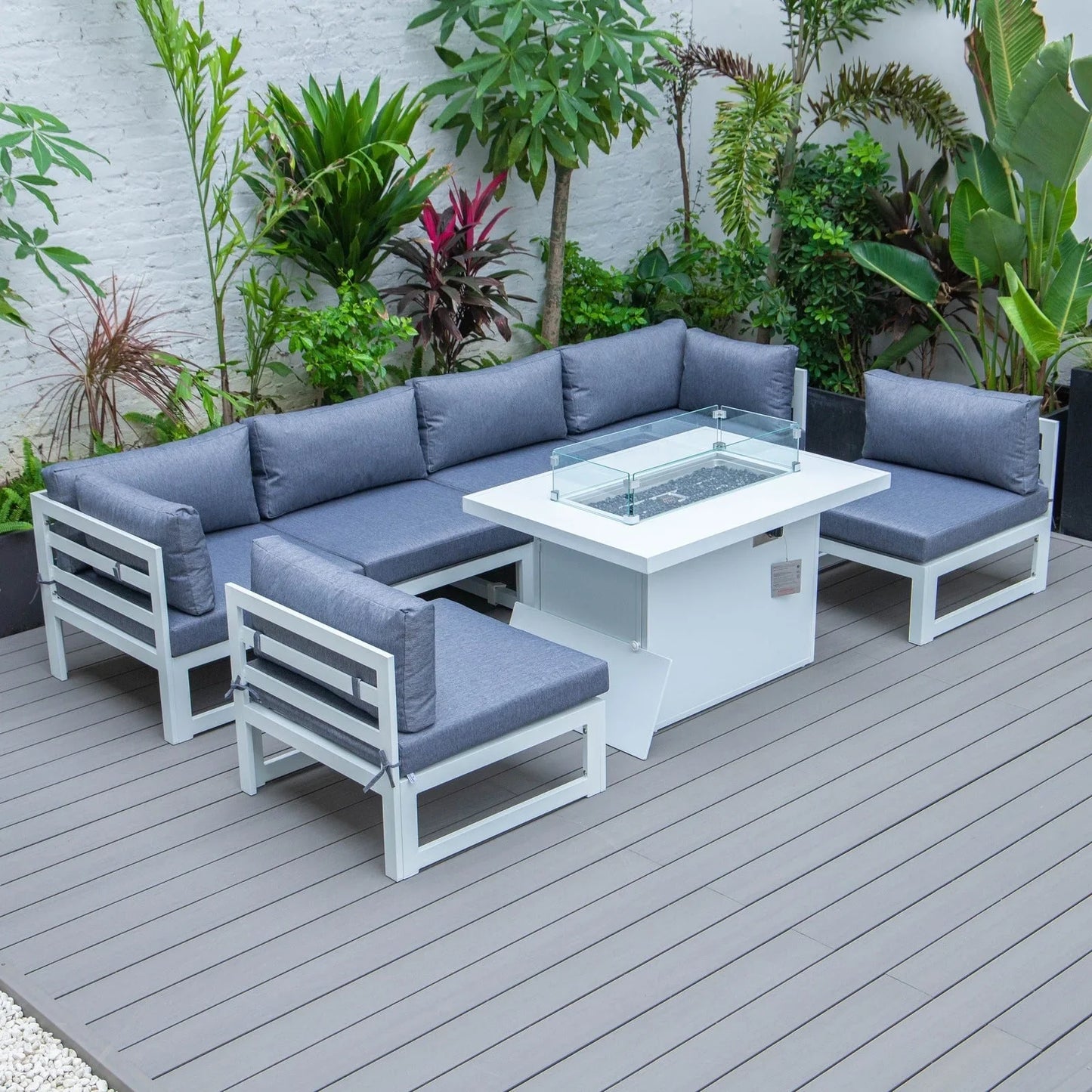 Chelsea 7-Piece Patio Sectional And Fire Pit Table In White Aluminum With Cushions - Elax Furniture