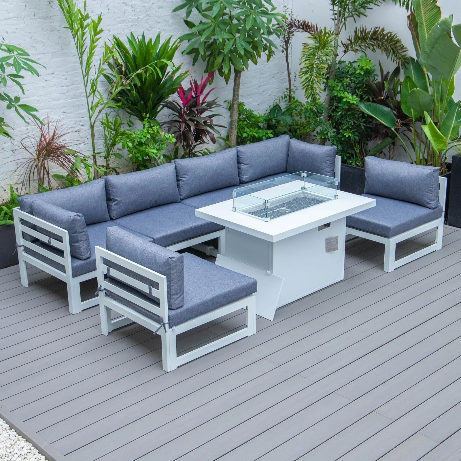 Chelsea 7-Piece Patio Sectional And Fire Pit Table In White Aluminum With Cushions - Elax Furniture