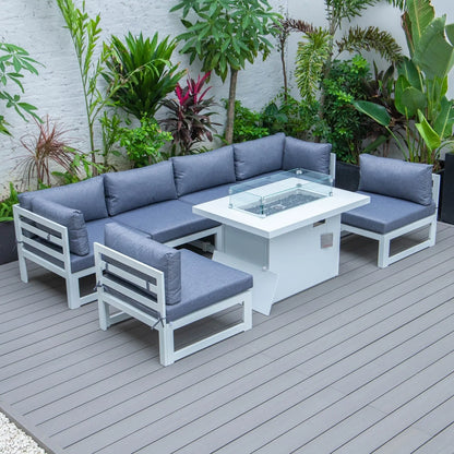 Chelsea 7-Piece Patio Sectional And Fire Pit Table In White Aluminum With Cushions - Elax Furniture