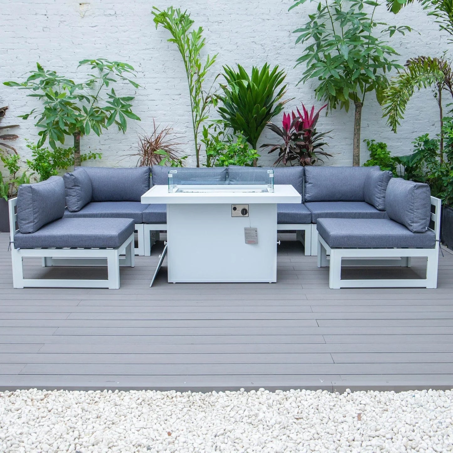 Chelsea 7-Piece Patio Sectional And Fire Pit Table In White Aluminum With Cushions - Elax Furniture