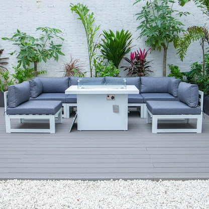 Chelsea 7-Piece Patio Sectional And Fire Pit Table In White Aluminum With Cushions - Elax Furniture