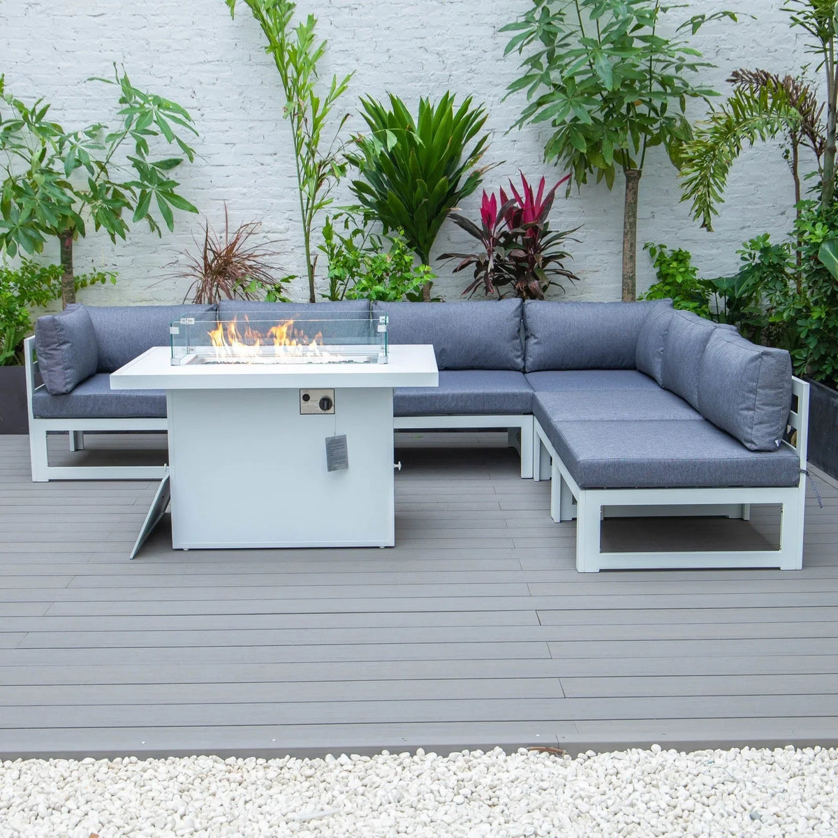 Chelsea 7-Piece Patio Sectional And Fire Pit Table In White Aluminum With Cushions - Elax Furniture