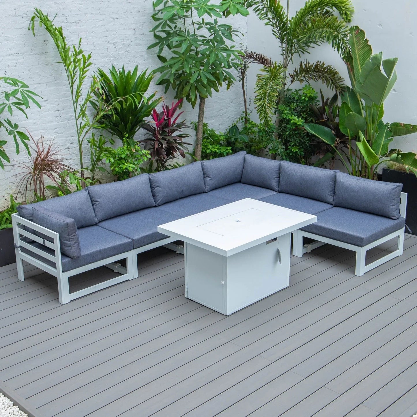 Chelsea 7-Piece Patio Sectional And Fire Pit Table In White Aluminum With Cushions - Elax Furniture