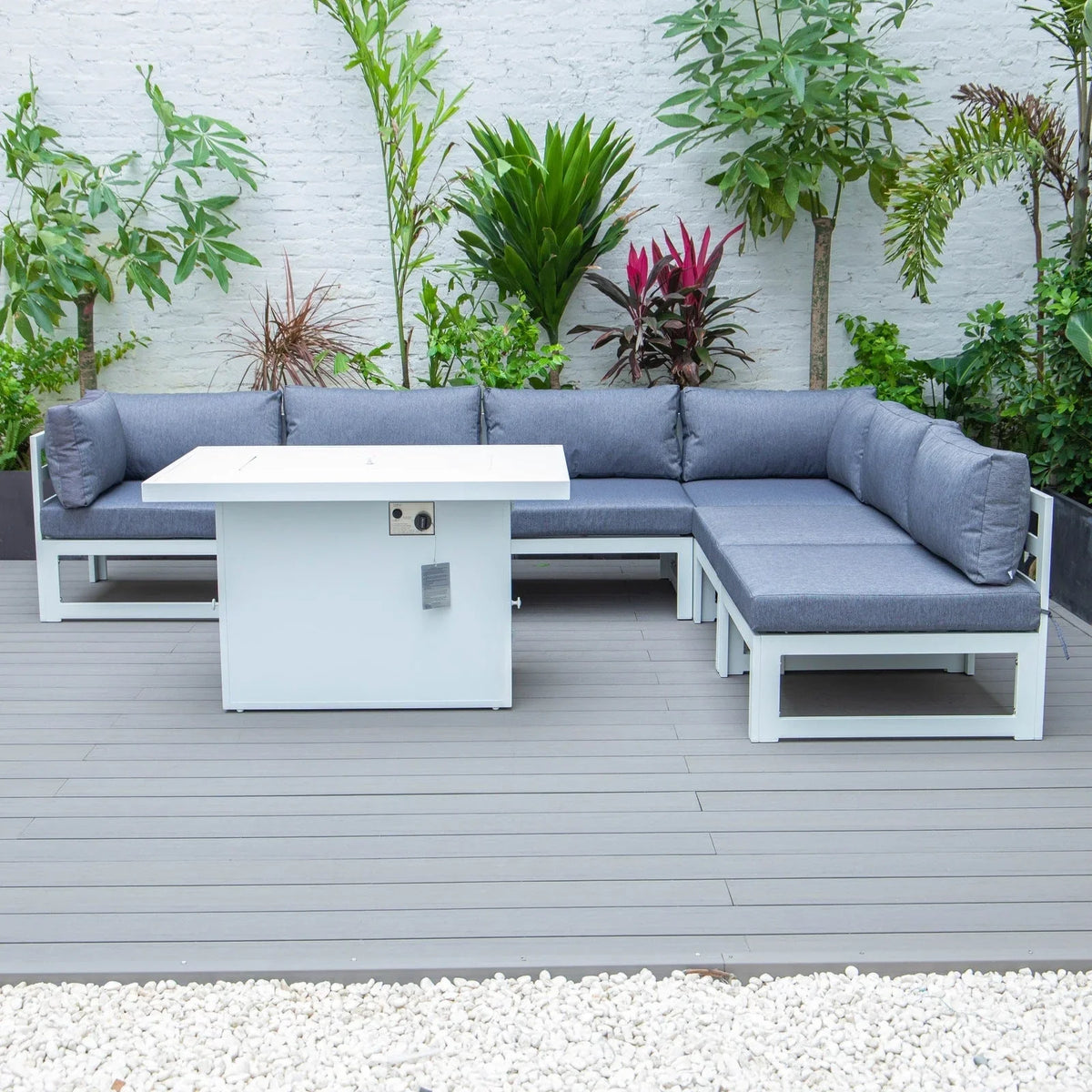 Chelsea 7-Piece Patio Sectional And Fire Pit Table In White Aluminum With Cushions - Elax Furniture