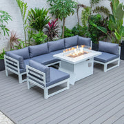 Chelsea 7-Piece Patio Sectional And Fire Pit Table In White Aluminum With Cushions - Elax Furniture