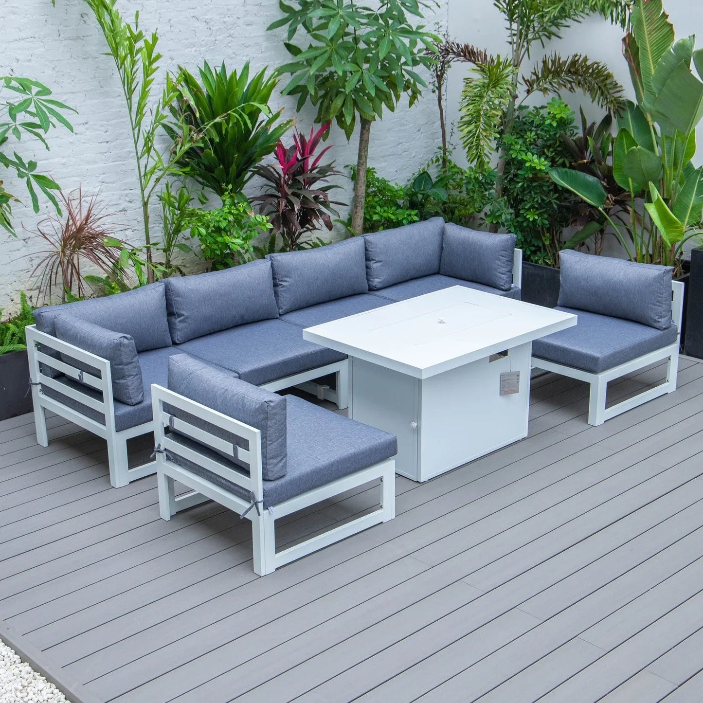 Chelsea 7-Piece Patio Sectional And Fire Pit Table In White Aluminum With Cushions - Elax Furniture