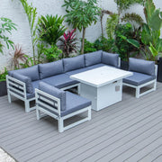 Chelsea 7-Piece Patio Sectional And Fire Pit Table In White Aluminum With Cushions - Elax Furniture