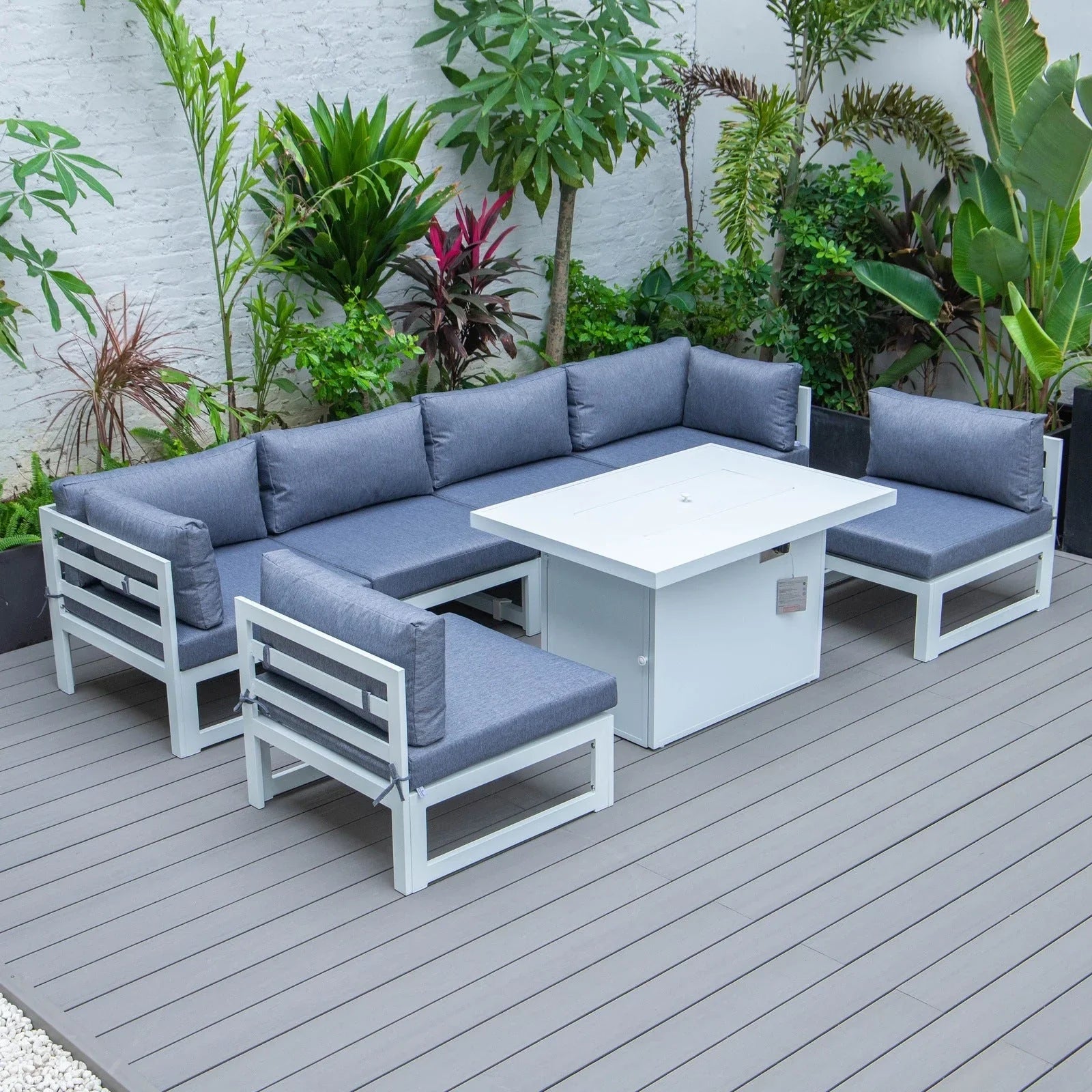 Chelsea 7-Piece Patio Sectional And Fire Pit Table In White Aluminum With Cushions - Elax Furniture