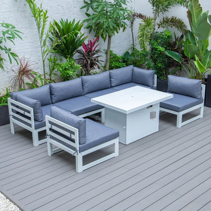 Chelsea 7-Piece Patio Sectional And Fire Pit Table In White Aluminum With Cushions - Elax Furniture