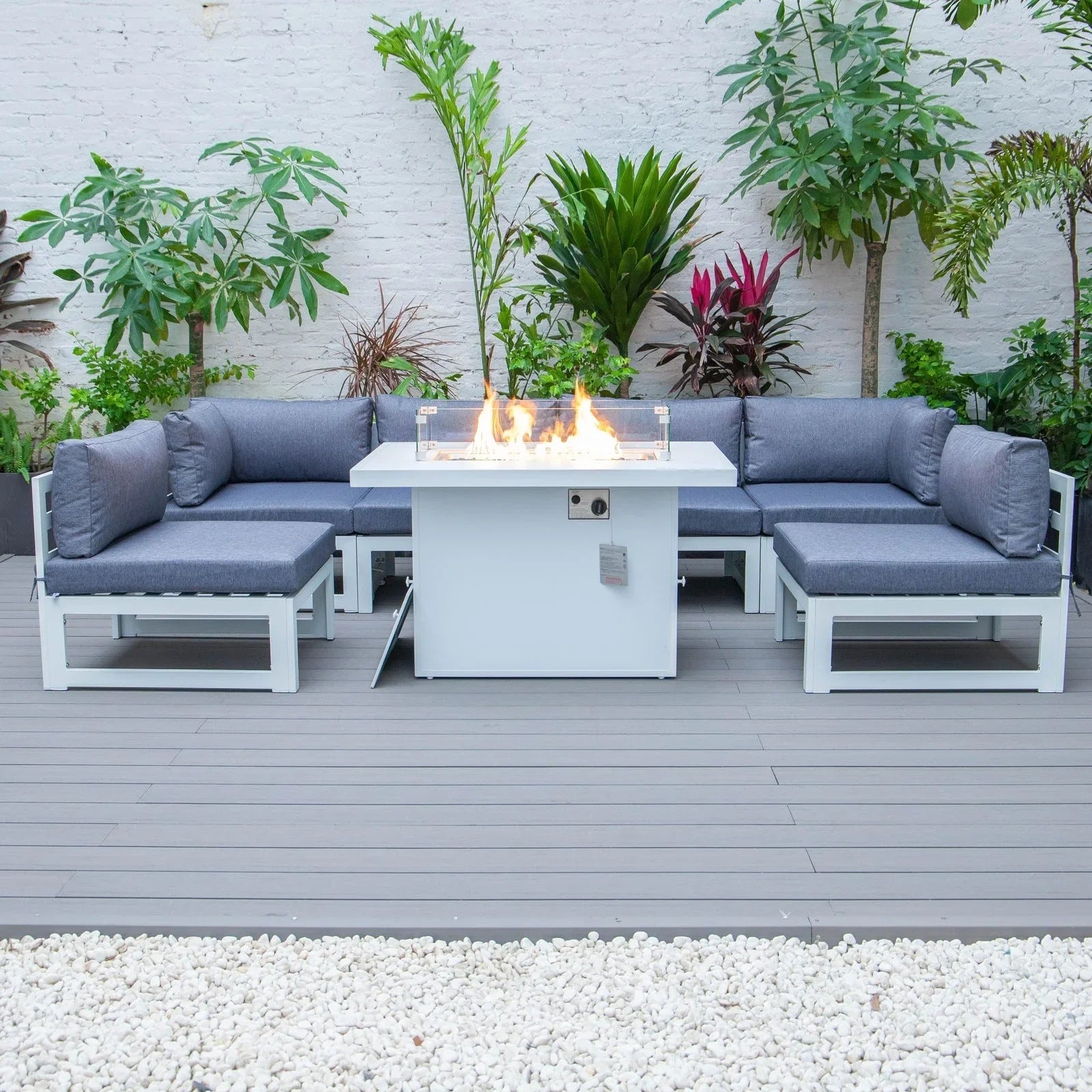 Chelsea 7-Piece Patio Sectional And Fire Pit Table In White Aluminum With Cushions - Elax Furniture