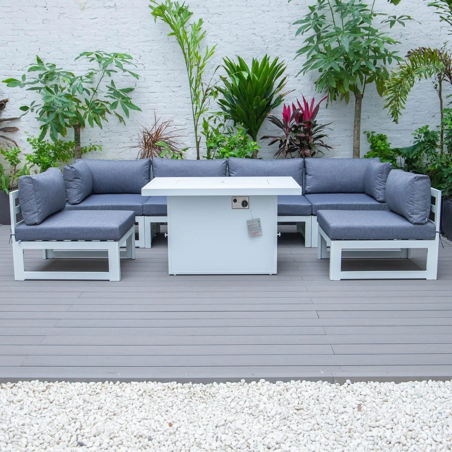 Chelsea 7-Piece Patio Sectional And Fire Pit Table In White Aluminum With Cushions - Elax Furniture