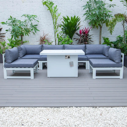 Chelsea 7-Piece Patio Sectional And Fire Pit Table In White Aluminum With Cushions - Elax Furniture