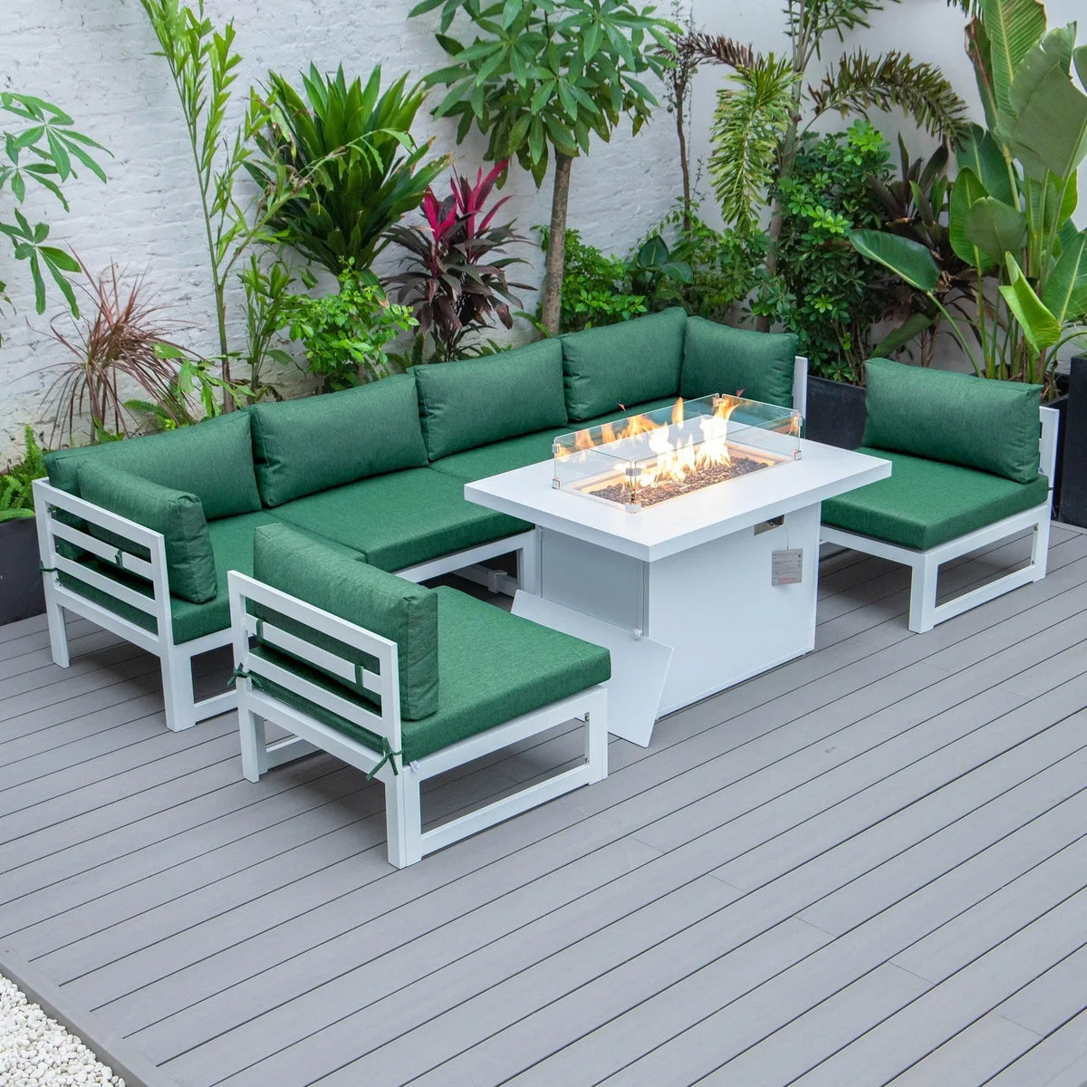 Chelsea 7-Piece Patio Sectional And Fire Pit Table In White Aluminum With Cushions - Elax Furniture