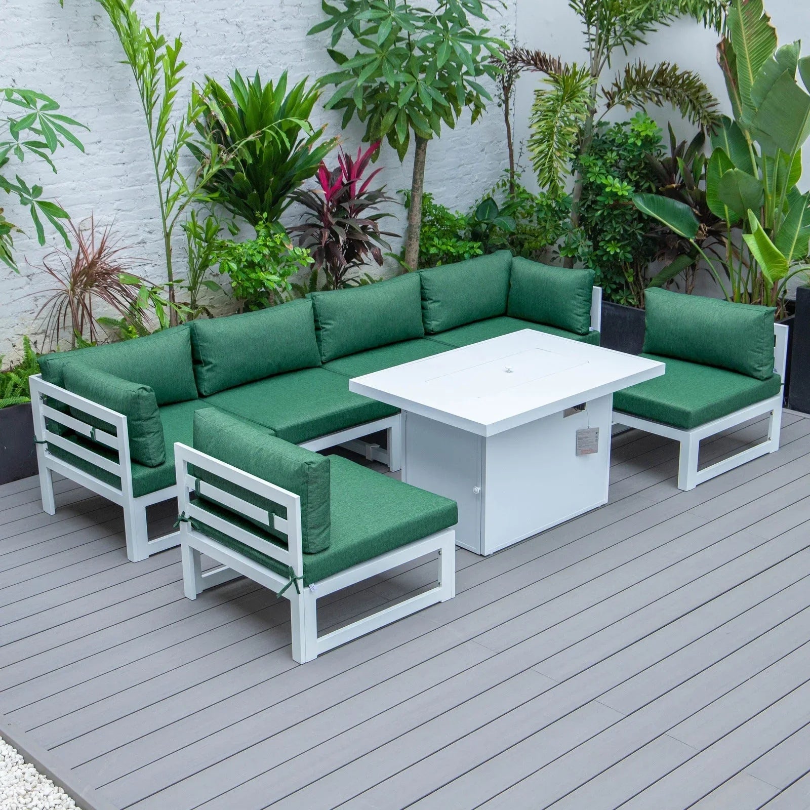 Chelsea 7-Piece Patio Sectional And Fire Pit Table In White Aluminum With Cushions - Elax Furniture