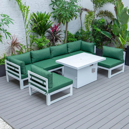 Chelsea 7-Piece Patio Sectional And Fire Pit Table In White Aluminum With Cushions - Elax Furniture