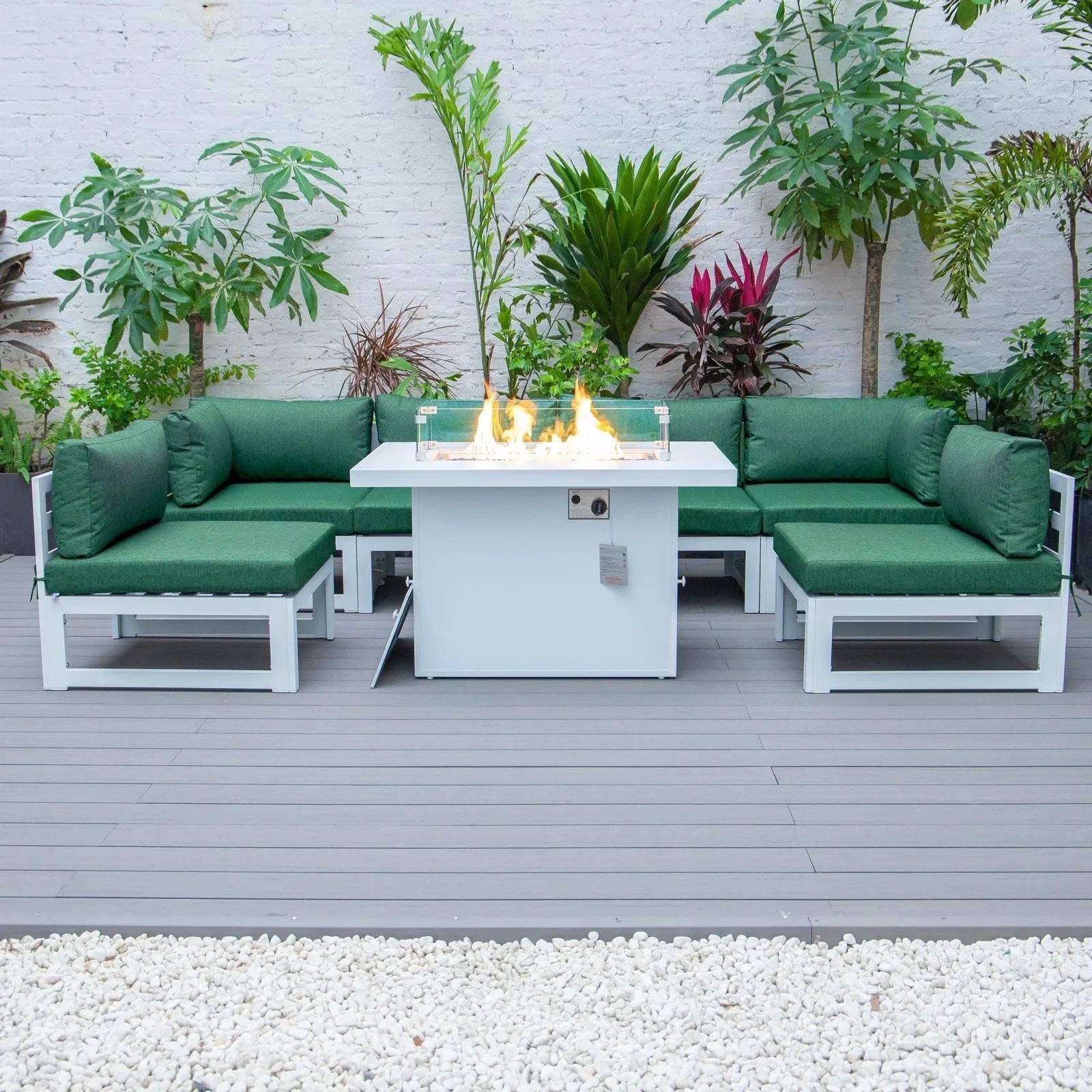 Chelsea 7-Piece Patio Sectional And Fire Pit Table In White Aluminum With Cushions - Elax Furniture