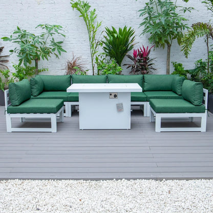 Chelsea 7-Piece Patio Sectional And Fire Pit Table In White Aluminum With Cushions - Elax Furniture