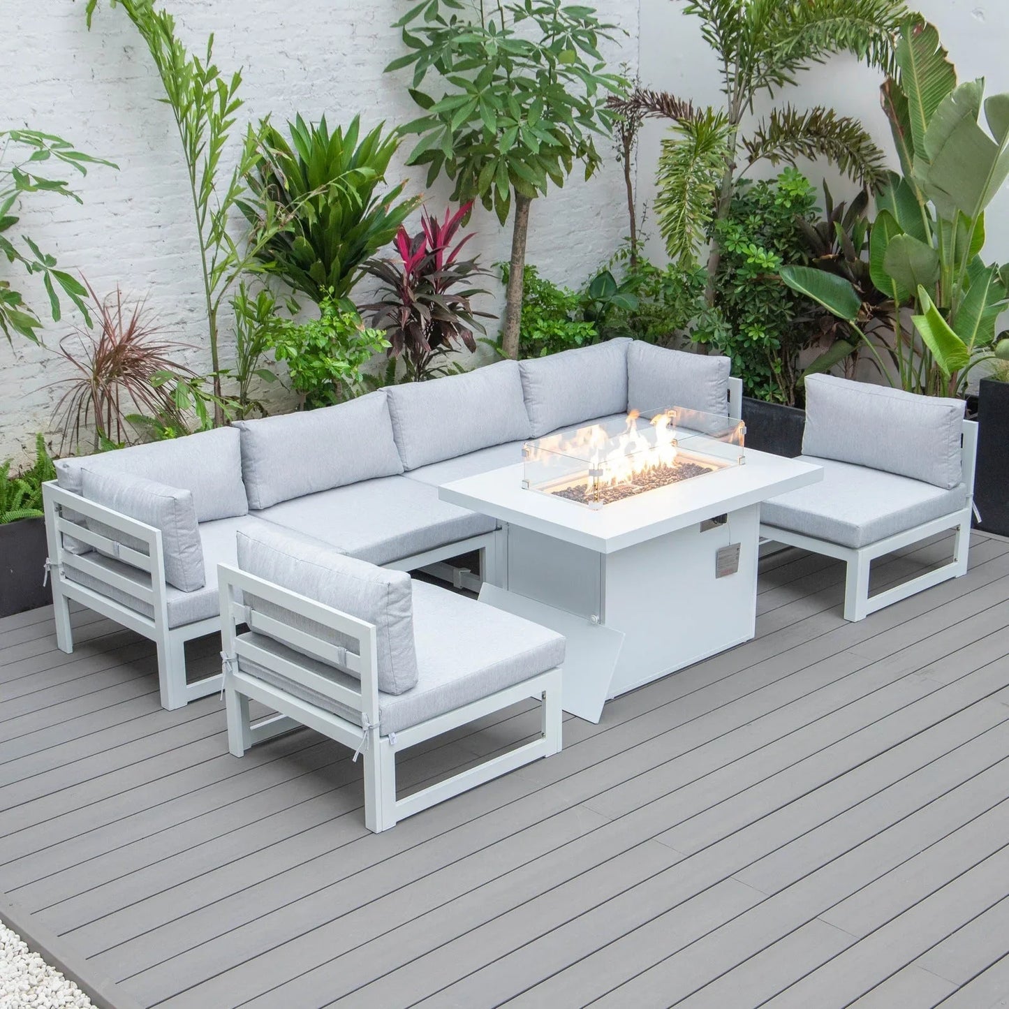 Chelsea 7-Piece Patio Sectional And Fire Pit Table In White Aluminum With Cushions - Elax Furniture