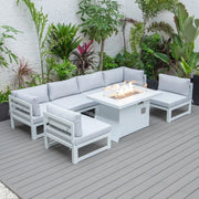 Chelsea 7-Piece Patio Sectional And Fire Pit Table In White Aluminum With Cushions - Elax Furniture