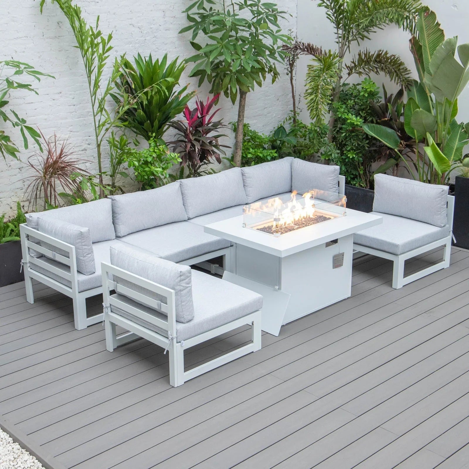 Chelsea 7-Piece Patio Sectional And Fire Pit Table In White Aluminum With Cushions - Elax Furniture