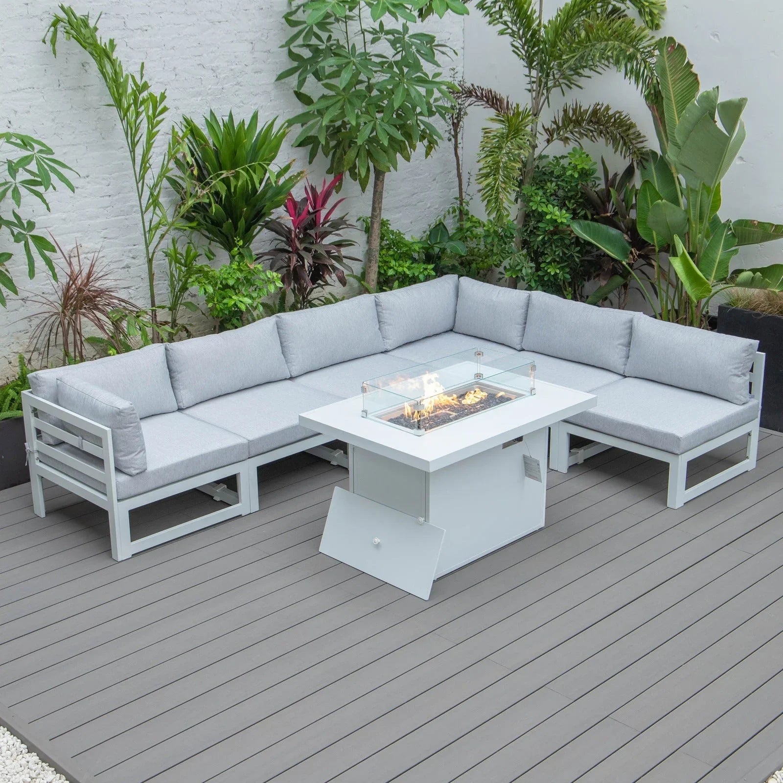 Chelsea 7-Piece Patio Sectional And Fire Pit Table In White Aluminum With Cushions - Elax Furniture