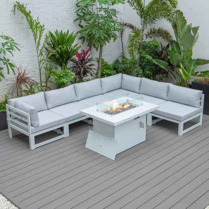 Chelsea 7-Piece Patio Sectional And Fire Pit Table In White Aluminum With Cushions - Elax Furniture