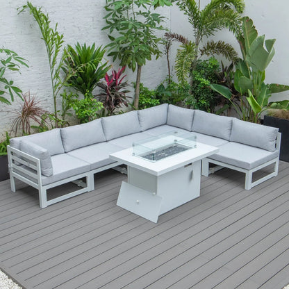 Chelsea 7-Piece Patio Sectional And Fire Pit Table In White Aluminum With Cushions - Elax Furniture