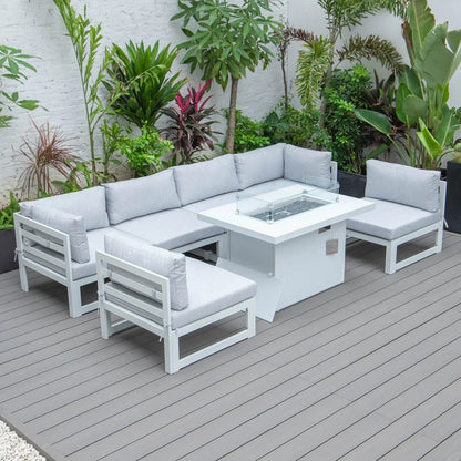 Chelsea 7-Piece Patio Sectional And Fire Pit Table In White Aluminum With Cushions - Elax Furniture