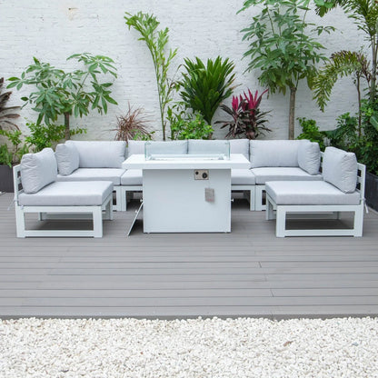 Chelsea 7-Piece Patio Sectional And Fire Pit Table In White Aluminum With Cushions - Elax Furniture