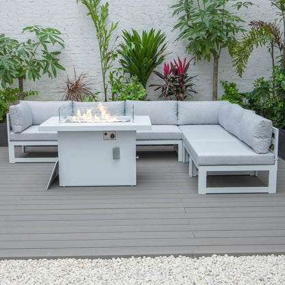 Chelsea 7-Piece Patio Sectional And Fire Pit Table In White Aluminum With Cushions - Elax Furniture