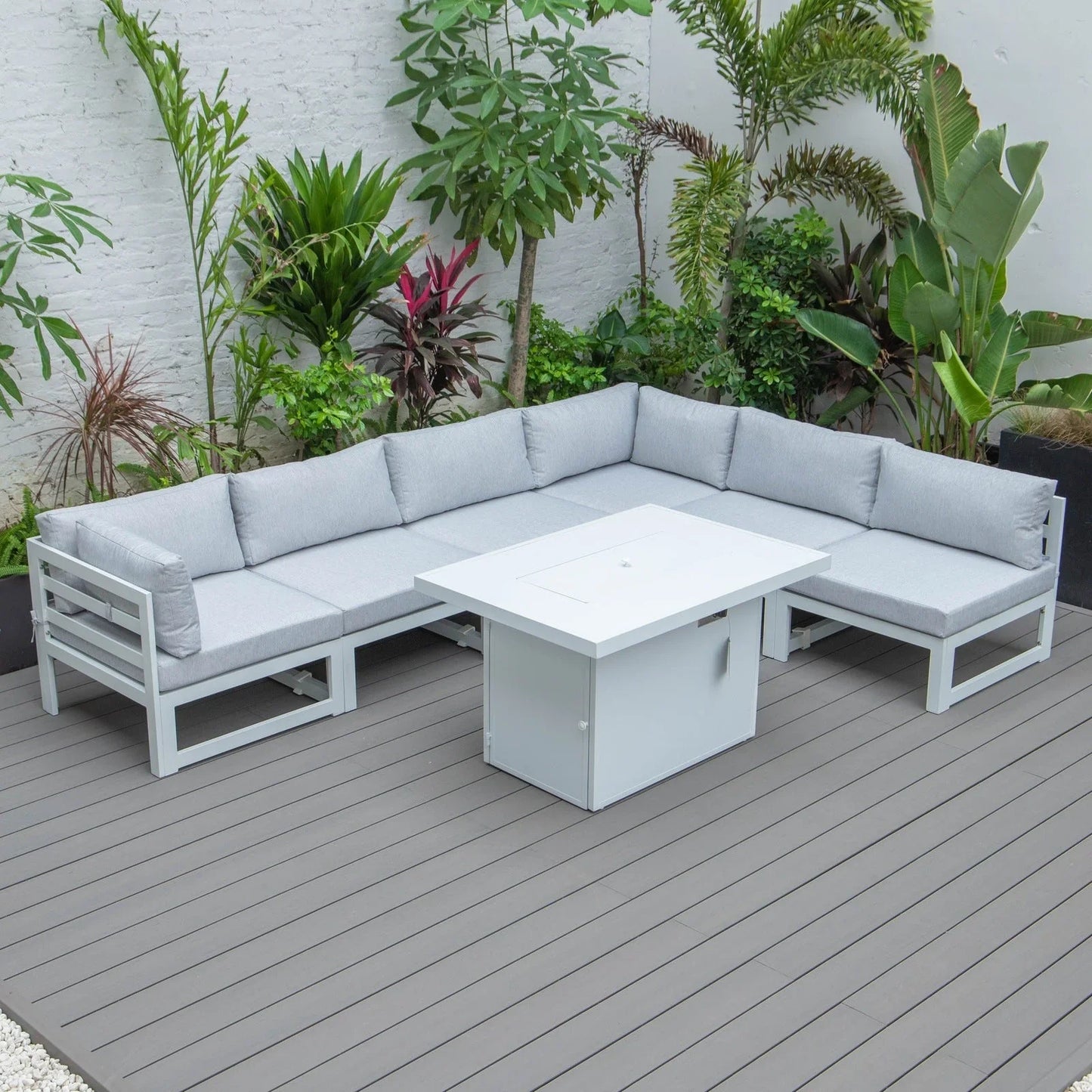 Chelsea 7-Piece Patio Sectional And Fire Pit Table In White Aluminum With Cushions - Elax Furniture