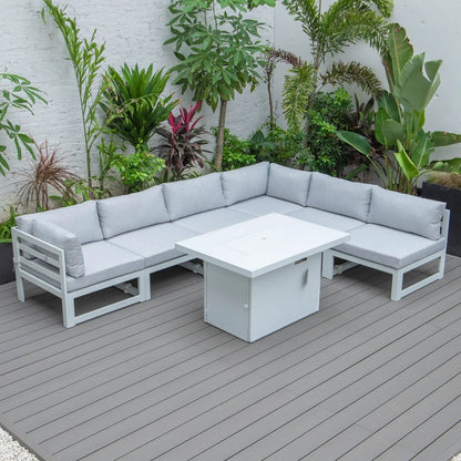 Chelsea 7-Piece Patio Sectional And Fire Pit Table In White Aluminum With Cushions - Elax Furniture
