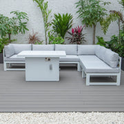 Chelsea 7-Piece Patio Sectional And Fire Pit Table In White Aluminum With Cushions - Elax Furniture