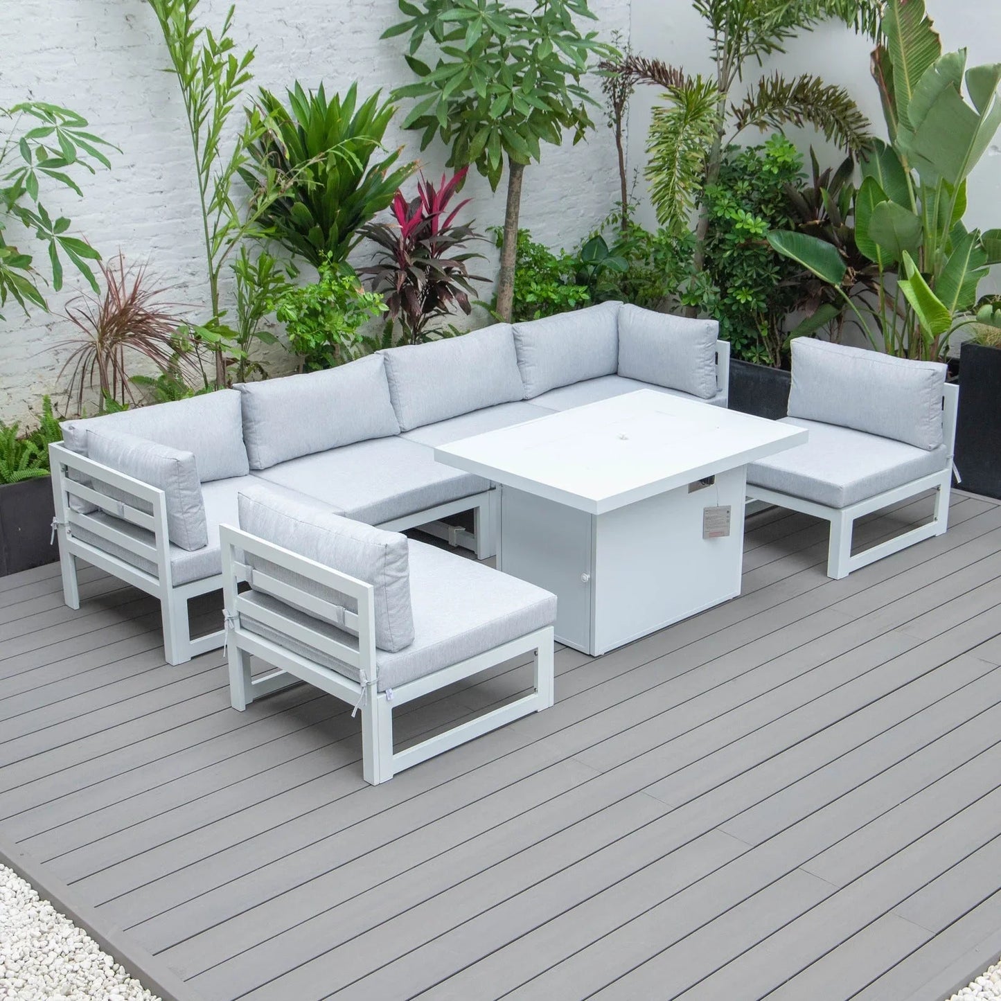 Chelsea 7-Piece Patio Sectional And Fire Pit Table In White Aluminum With Cushions - Elax Furniture