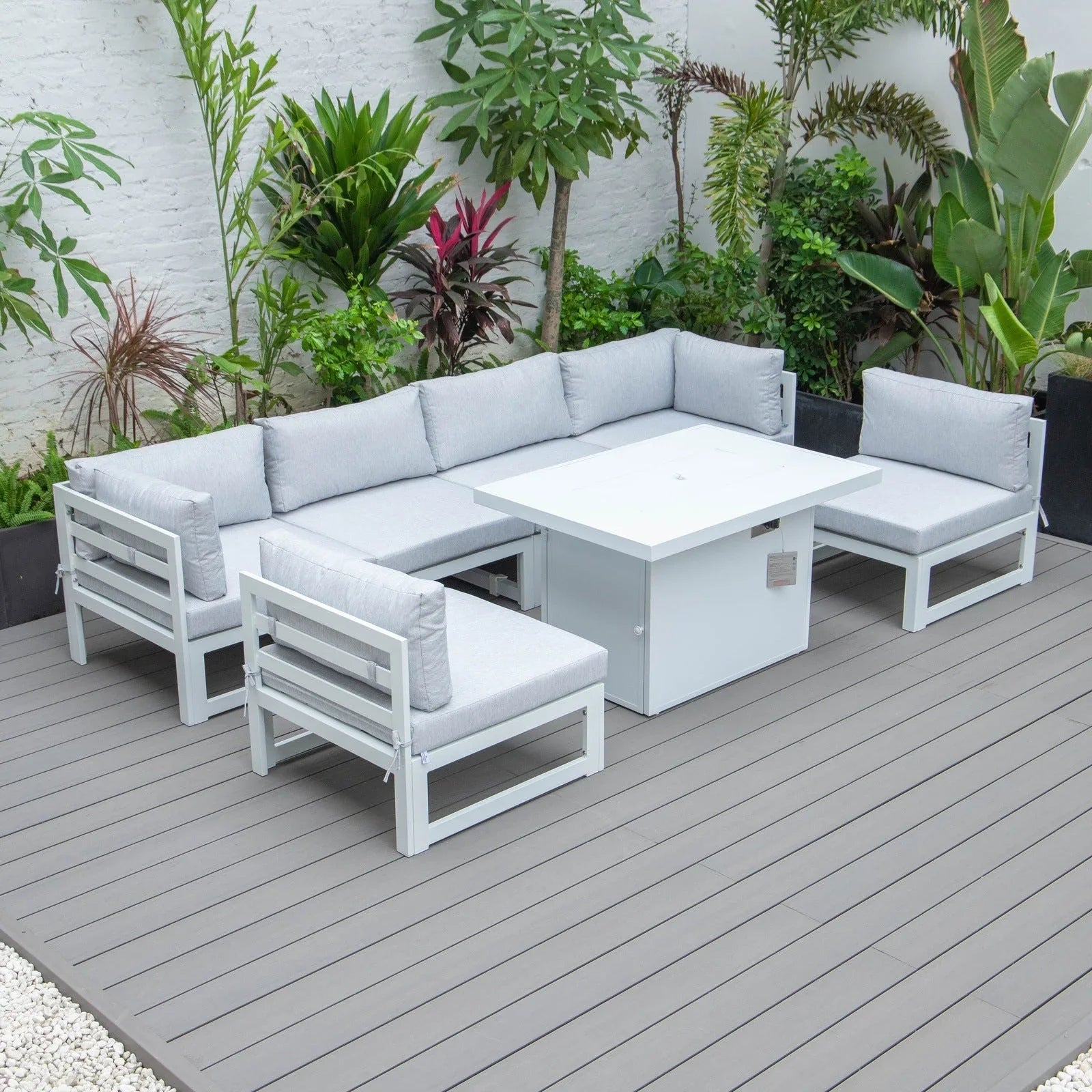 Chelsea 7-Piece Patio Sectional And Fire Pit Table In White Aluminum With Cushions - Elax Furniture