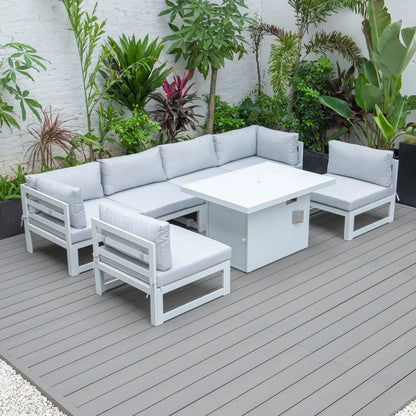 Chelsea 7-Piece Patio Sectional And Fire Pit Table In White Aluminum With Cushions - Elax Furniture