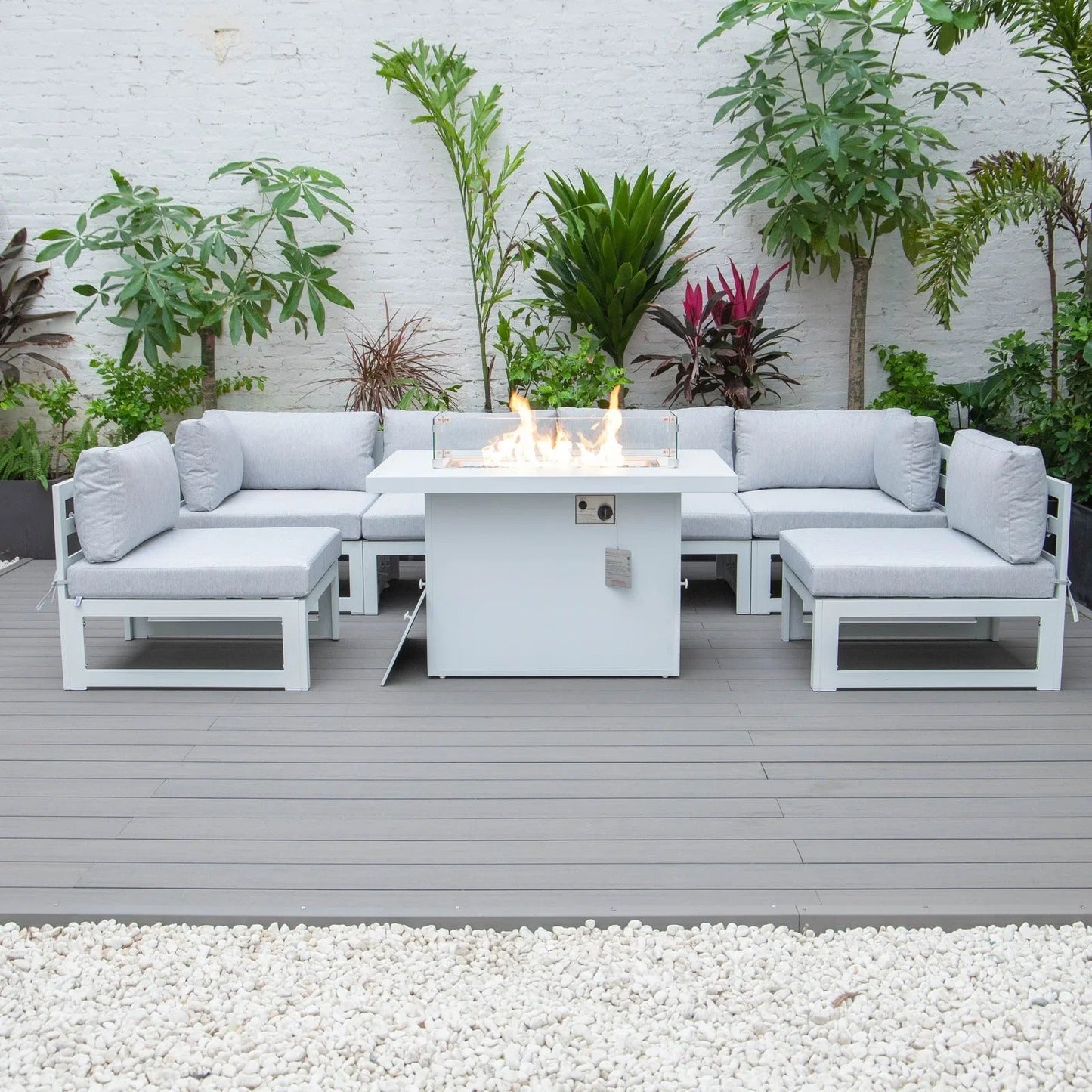 Chelsea 7-Piece Patio Sectional And Fire Pit Table In White Aluminum With Cushions - Elax Furniture