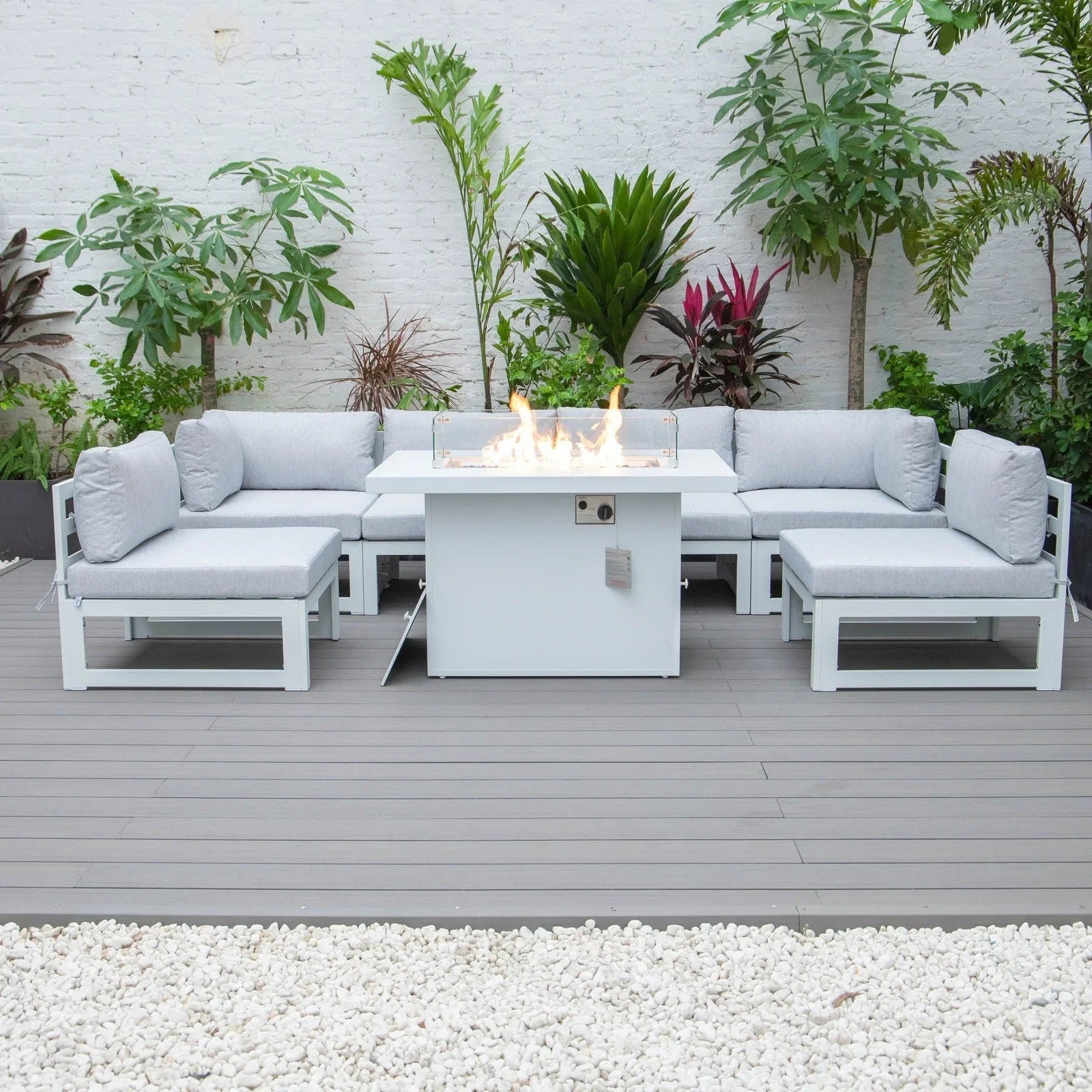 Chelsea 7-Piece Patio Sectional And Fire Pit Table In White Aluminum With Cushions - Elax Furniture