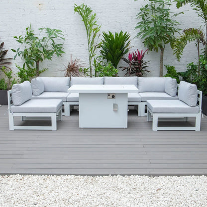 Chelsea 7-Piece Patio Sectional And Fire Pit Table In White Aluminum With Cushions - Elax Furniture