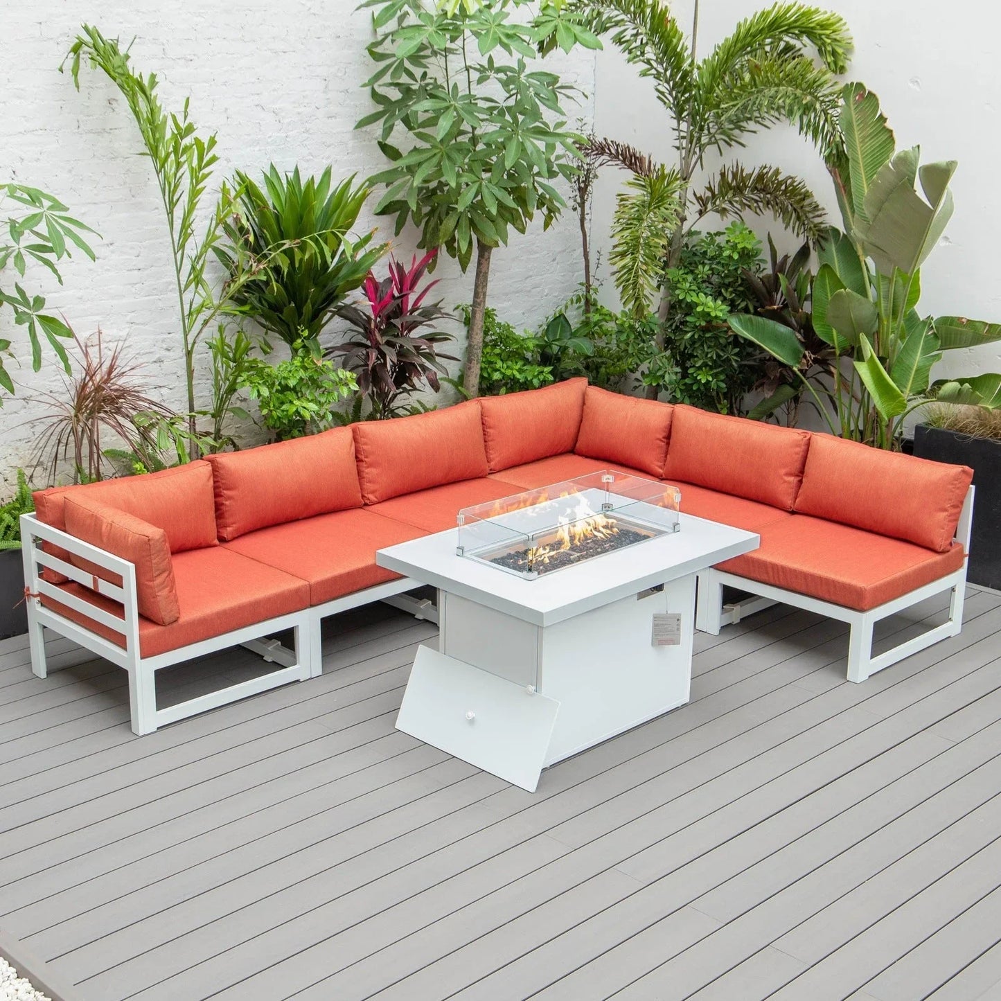 Chelsea 7-Piece Patio Sectional And Fire Pit Table In White Aluminum With Cushions - Elax Furniture