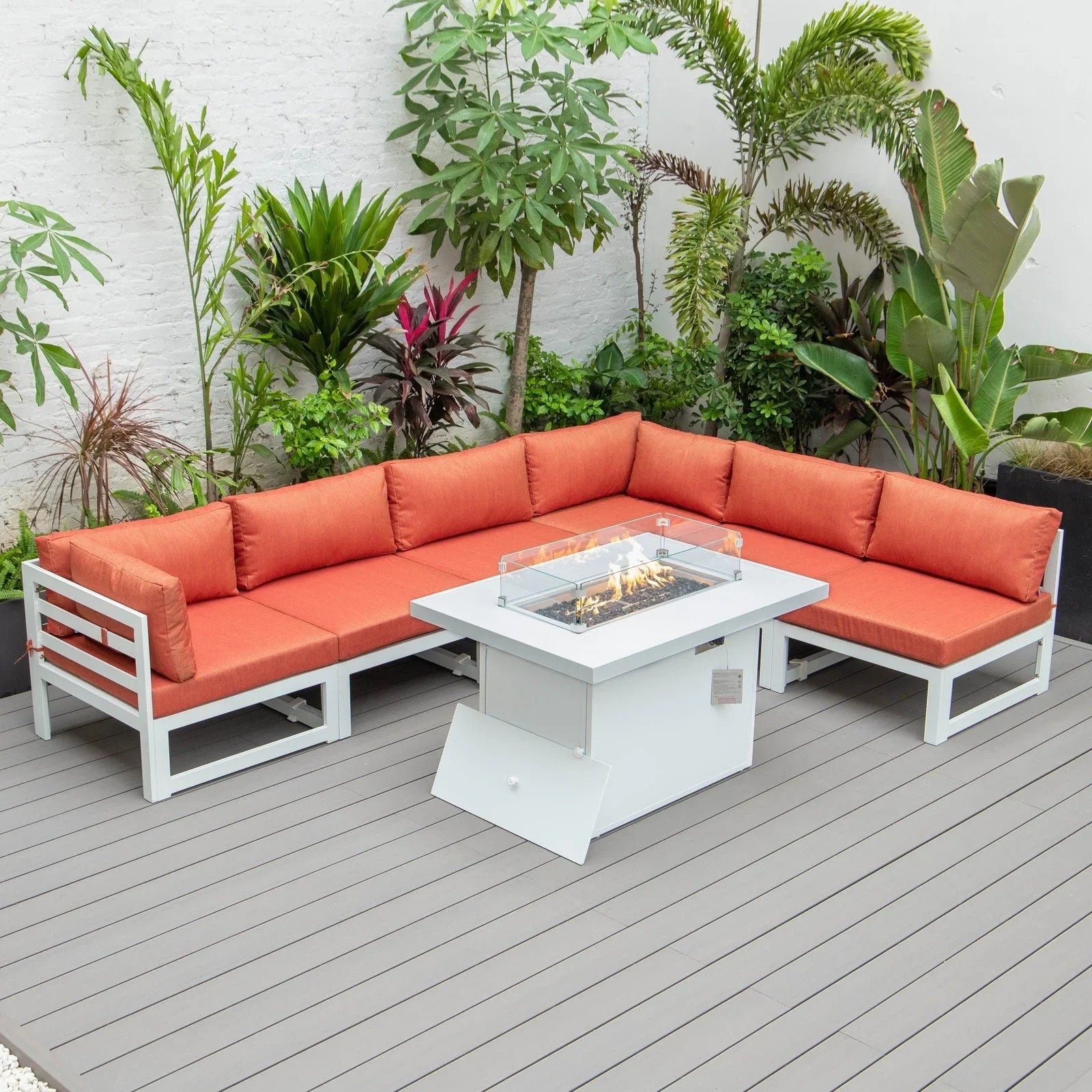 Chelsea 7-Piece Patio Sectional And Fire Pit Table In White Aluminum With Cushions - Elax Furniture