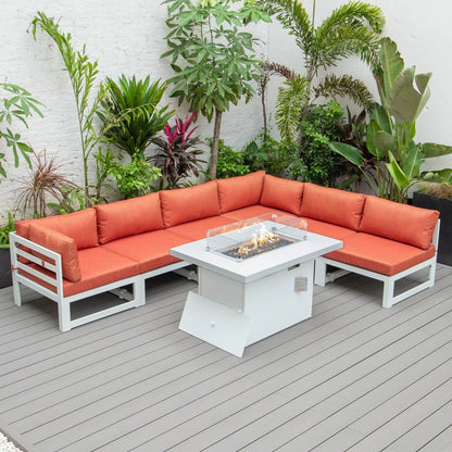 Chelsea 7-Piece Patio Sectional And Fire Pit Table In White Aluminum With Cushions - Elax Furniture