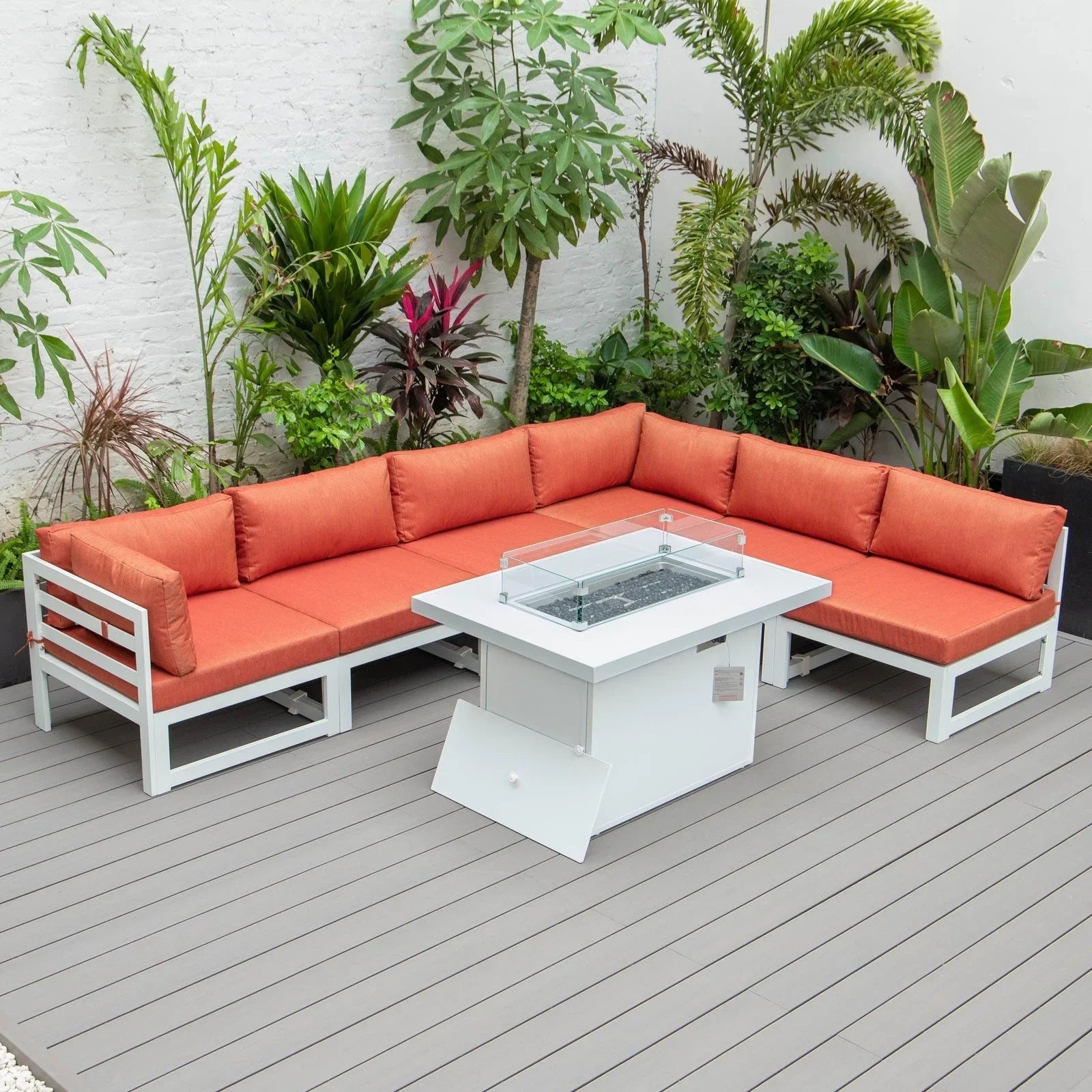 Chelsea 7-Piece Patio Sectional And Fire Pit Table In White Aluminum With Cushions - Elax Furniture