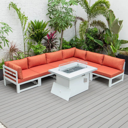 Chelsea 7-Piece Patio Sectional And Fire Pit Table In White Aluminum With Cushions - Elax Furniture