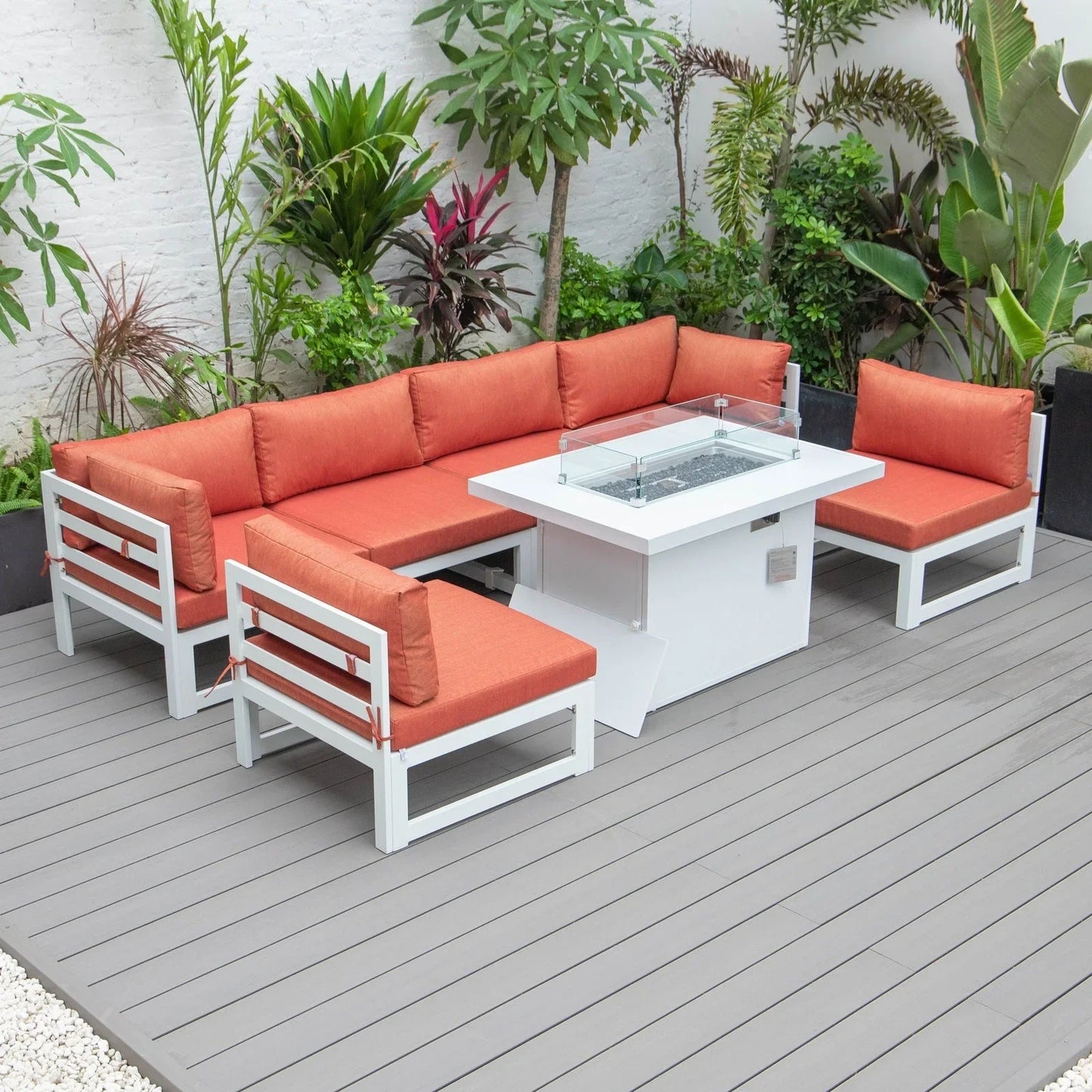 Chelsea 7-Piece Patio Sectional And Fire Pit Table In White Aluminum With Cushions - Elax Furniture