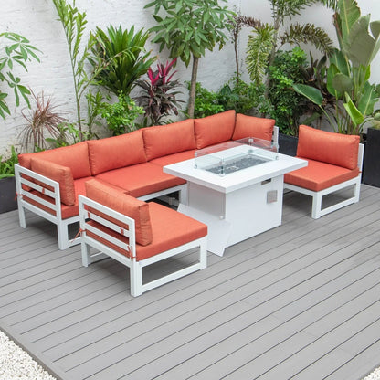 Chelsea 7-Piece Patio Sectional And Fire Pit Table In White Aluminum With Cushions - Elax Furniture