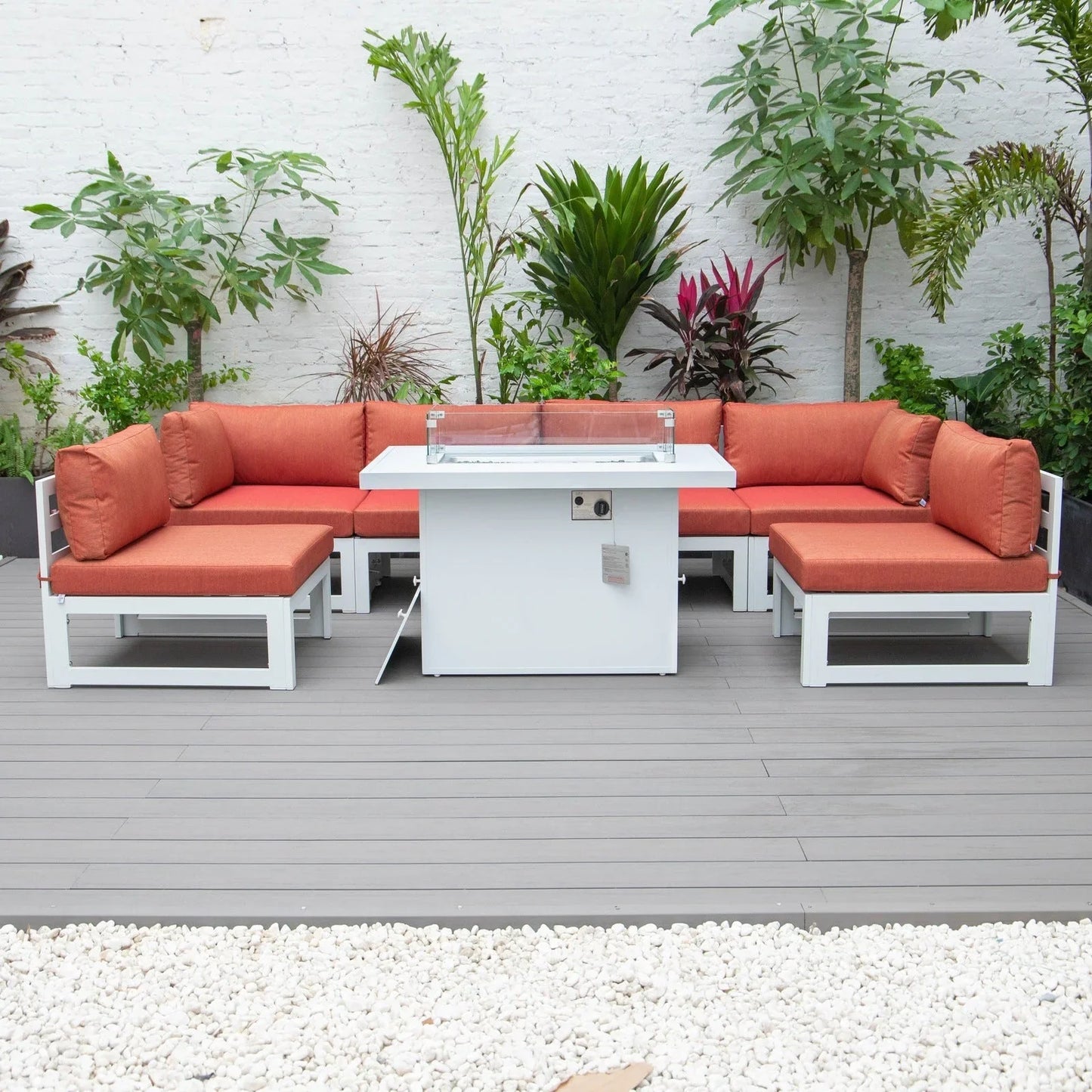 Chelsea 7-Piece Patio Sectional And Fire Pit Table In White Aluminum With Cushions - Elax Furniture