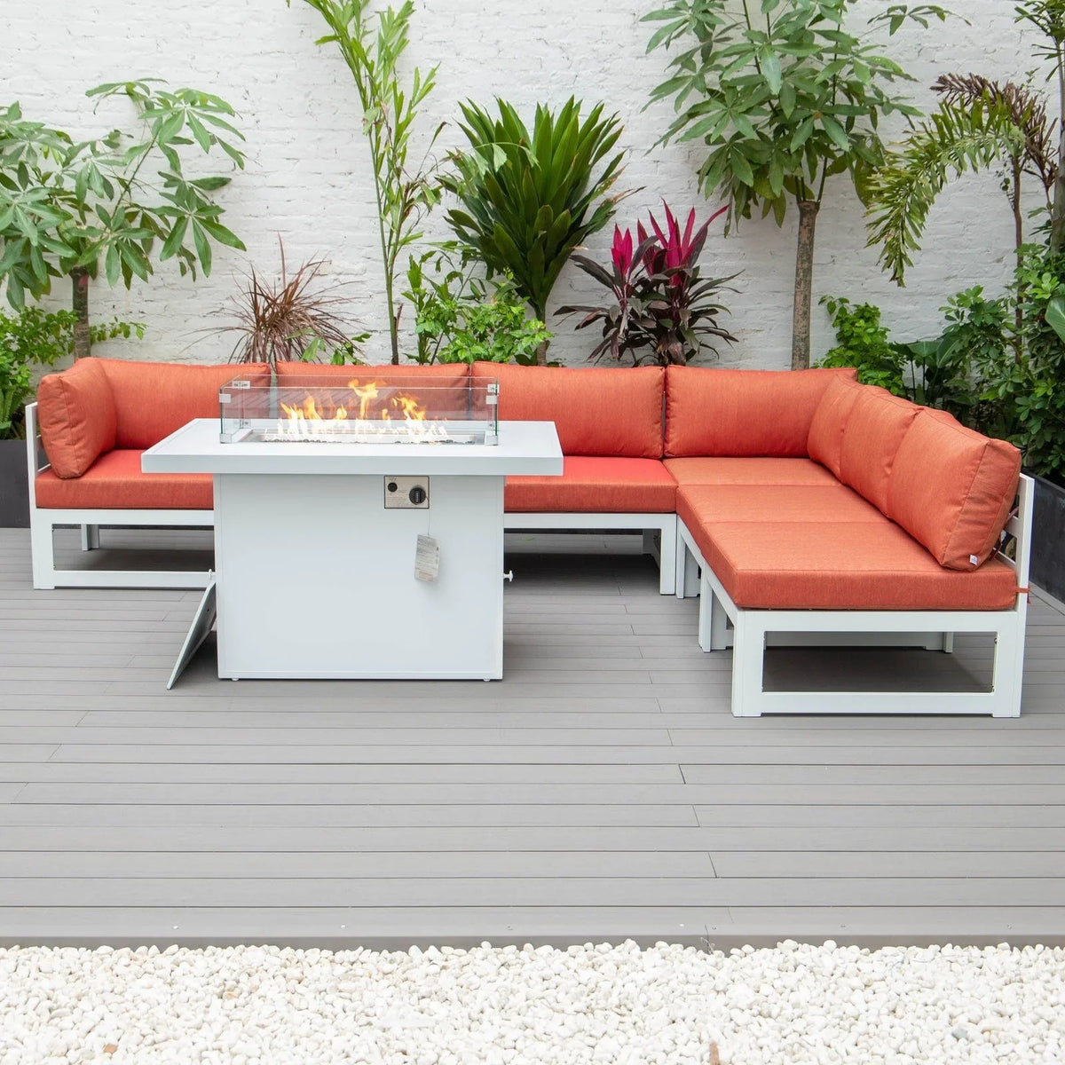 Chelsea 7-Piece Patio Sectional And Fire Pit Table In White Aluminum With Cushions - Elax Furniture